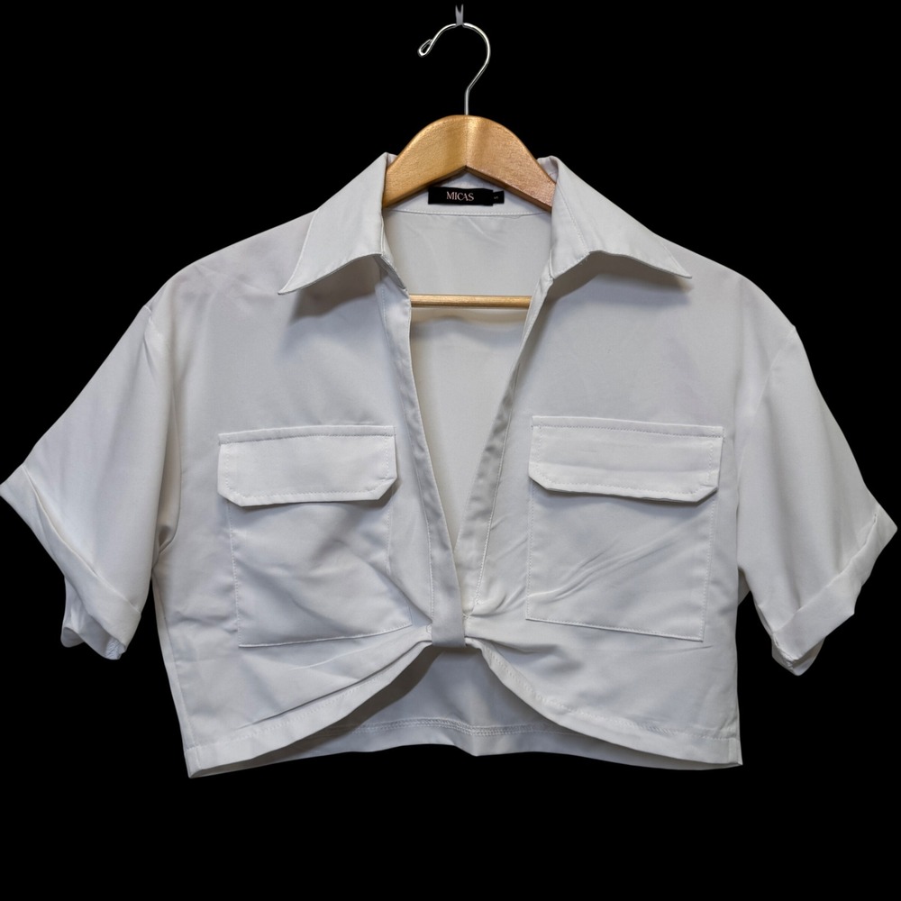 MICAS Womens Crop Top Small White Twist Front Short Sleeve Utility‎ Clean Girl